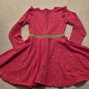 Mini Boden girls 8-9 years pink long sleeve dress gold waist & allover stars